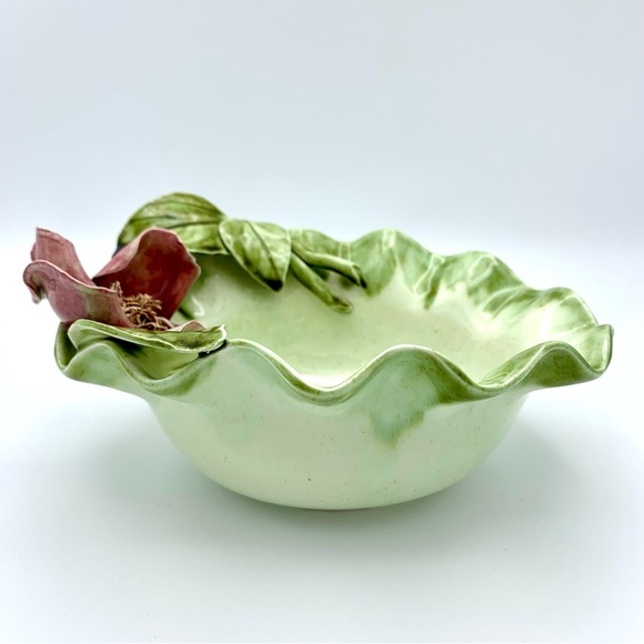 Vintage Majolica Pottery Bowl 8” Green Leaves Pink Capodimonte Raised Flower - Picture 4 of 16